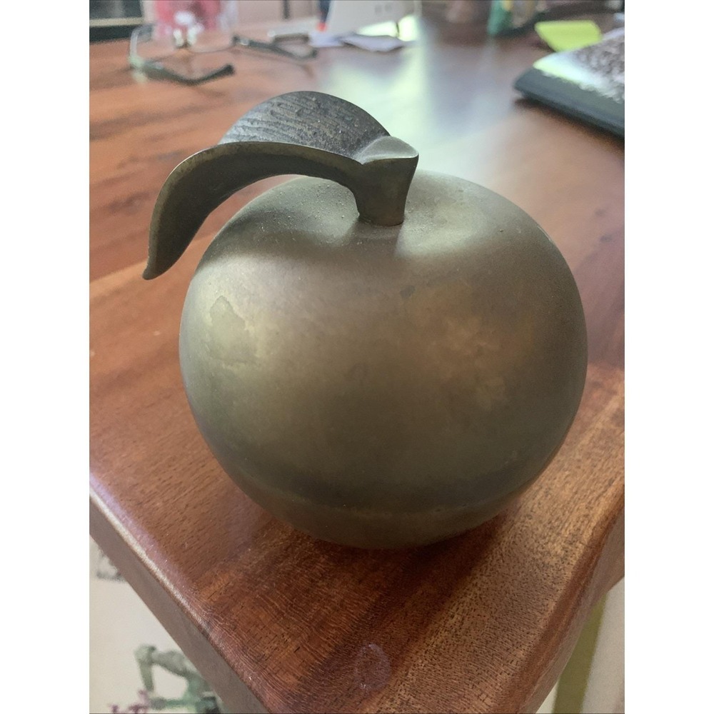 Brass Apple Paperweight with Leaf Nice Patina Gold 4" Vintage
